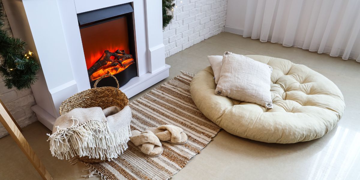 cozy dog bed near electric fireplace